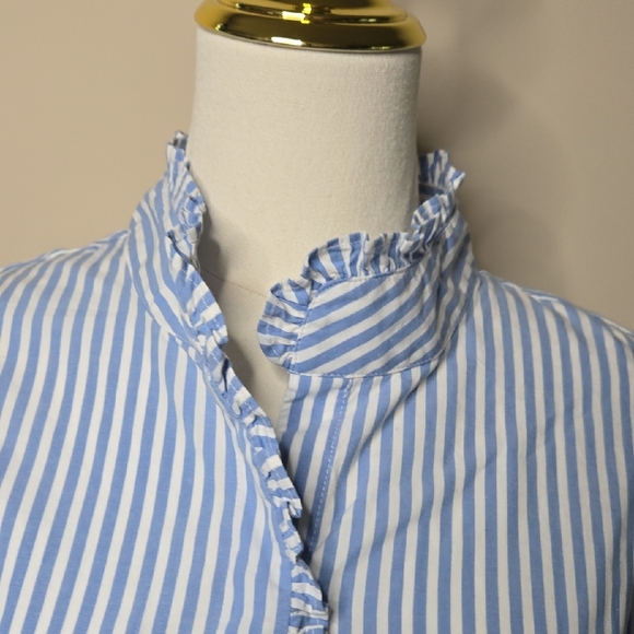 Crown & Ivy Blue White Striped Poplin Shirt Mandarin Collar Coastal Nautical XL - Picture 2 of 9